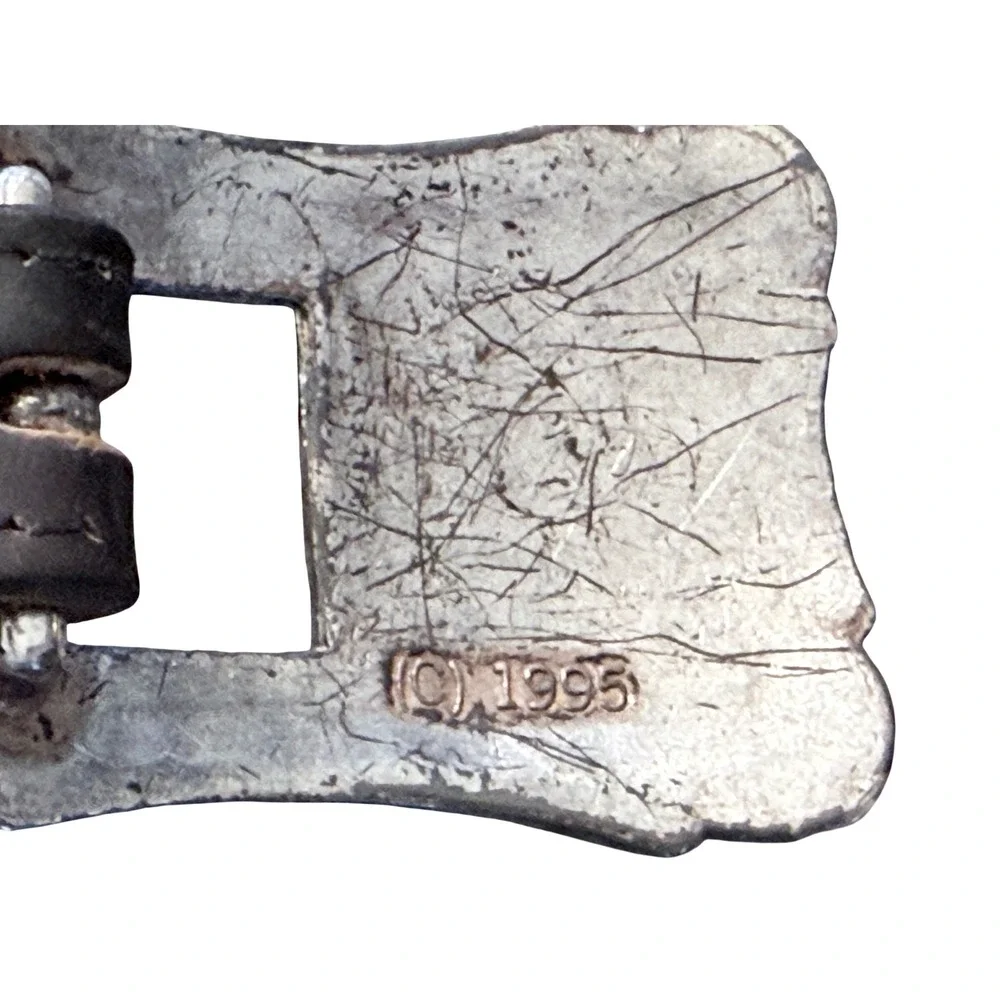 Vintage 1995 Western Leather‎ Harness Floral Engraved Silver Buckle Concho Belt